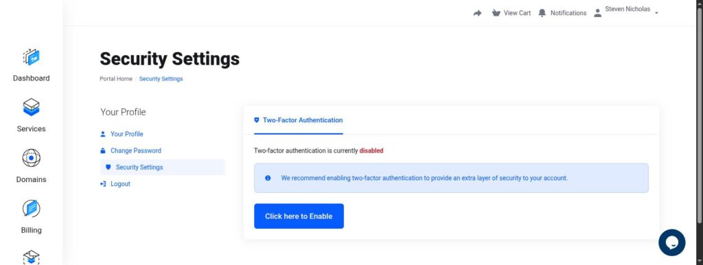 Security Settings page showing Two-Factor Authentication currently disabled, with an Enable button