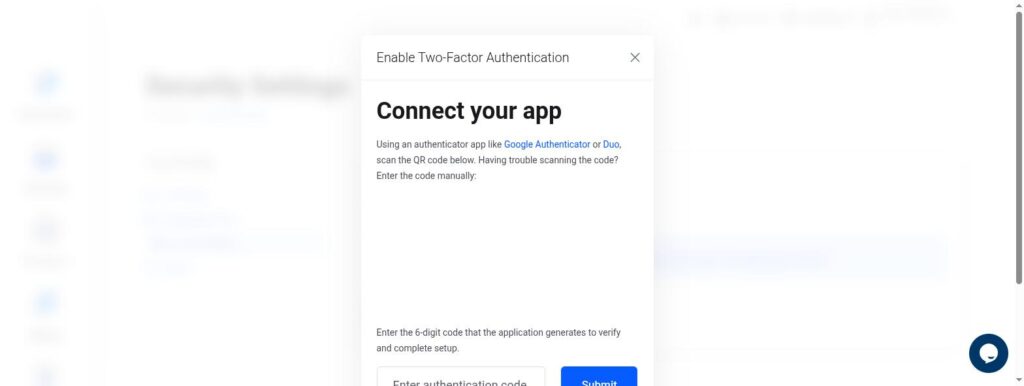 Connect your app dialog with instructions to scan a QR code and an authentication code entry field (QR code and setup key redacted for privacy)